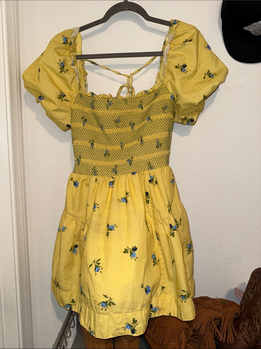 Yellow Floral Smocked Dress with Puff Sleeves
